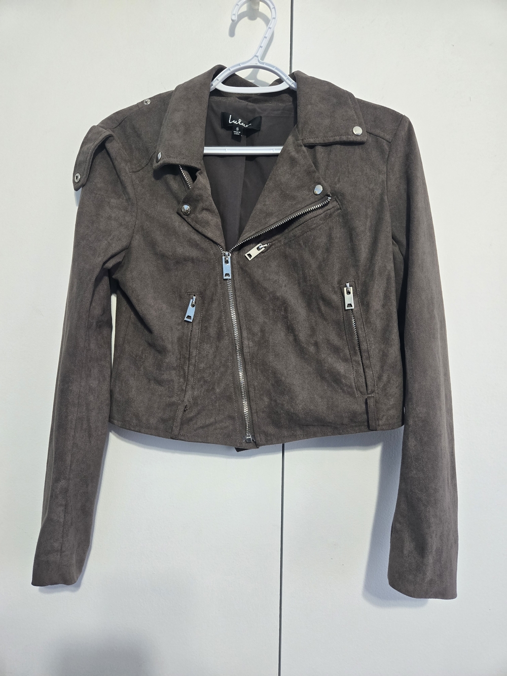 Lulus Faux Suede Moto Jacket Brown Cropped Biker Zip Jacket Size Small